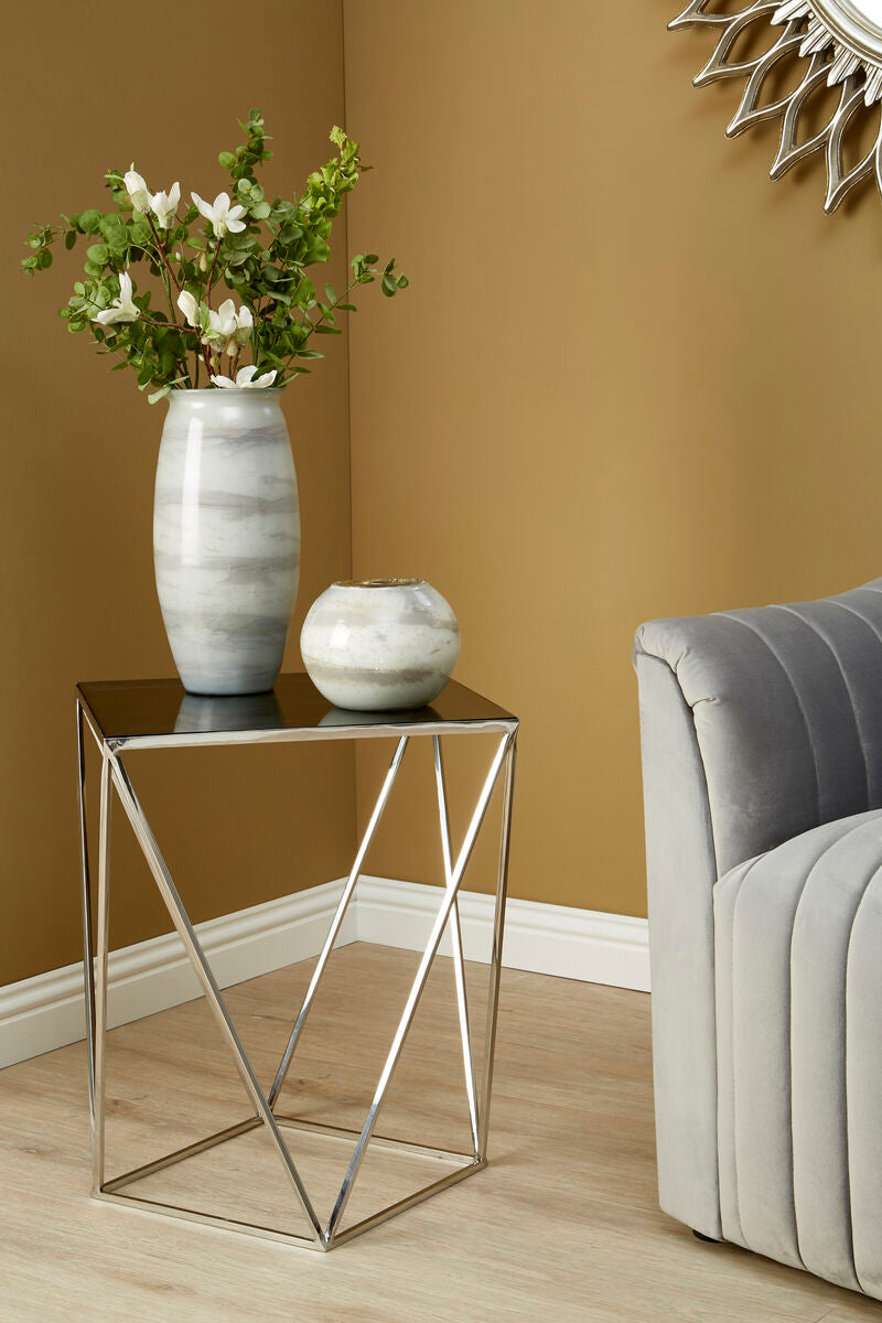 Black Square Tempered Glass Top Prism Side Table with Polished Stainless Steel Base, Shalimar