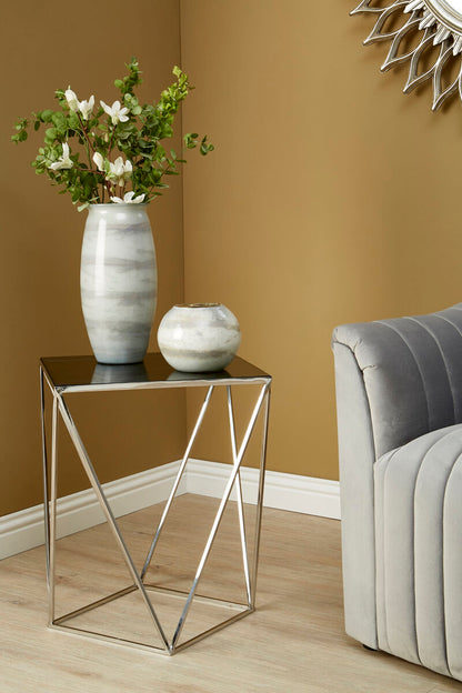 Black Square Tempered Glass Top Prism Side Table with Polished Stainless Steel Base, Shalimar