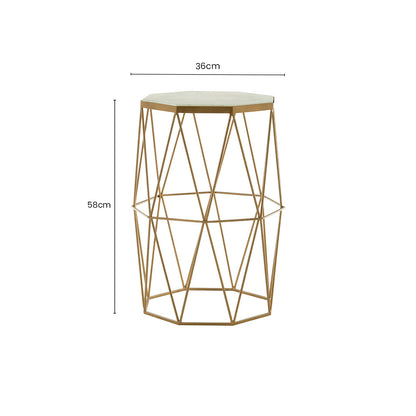 White Marble Top Octagonal Side Table with Gold Metal Open Frame | Shalimar