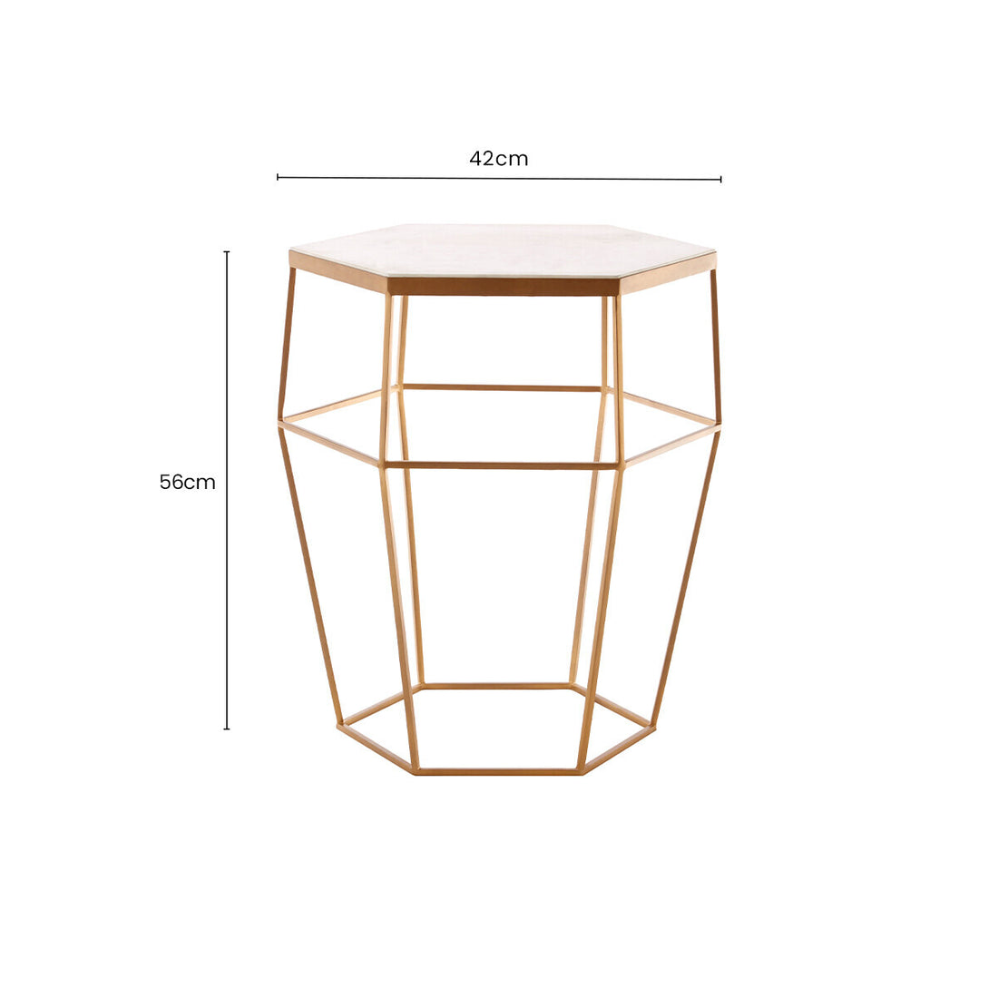 Hexagonal White Marble Top Side Table with Gold Iron Wireframe Base, Shalimar