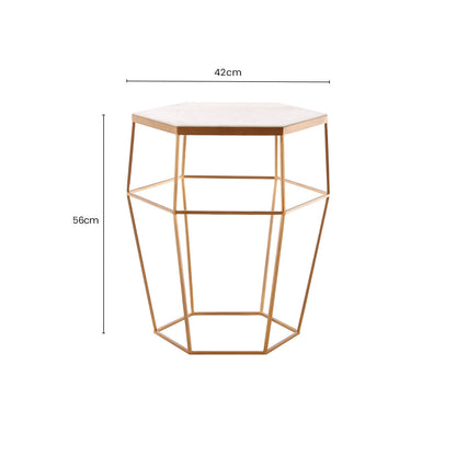 Hexagonal White Marble Top Side Table with Gold Iron Wireframe Base, Shalimar