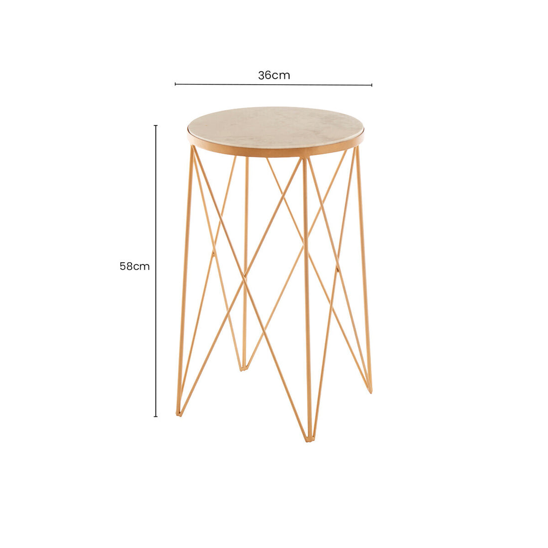 White Round Marble Top Boutique Style Side Table with Gold Latticed Legs, Shalimar