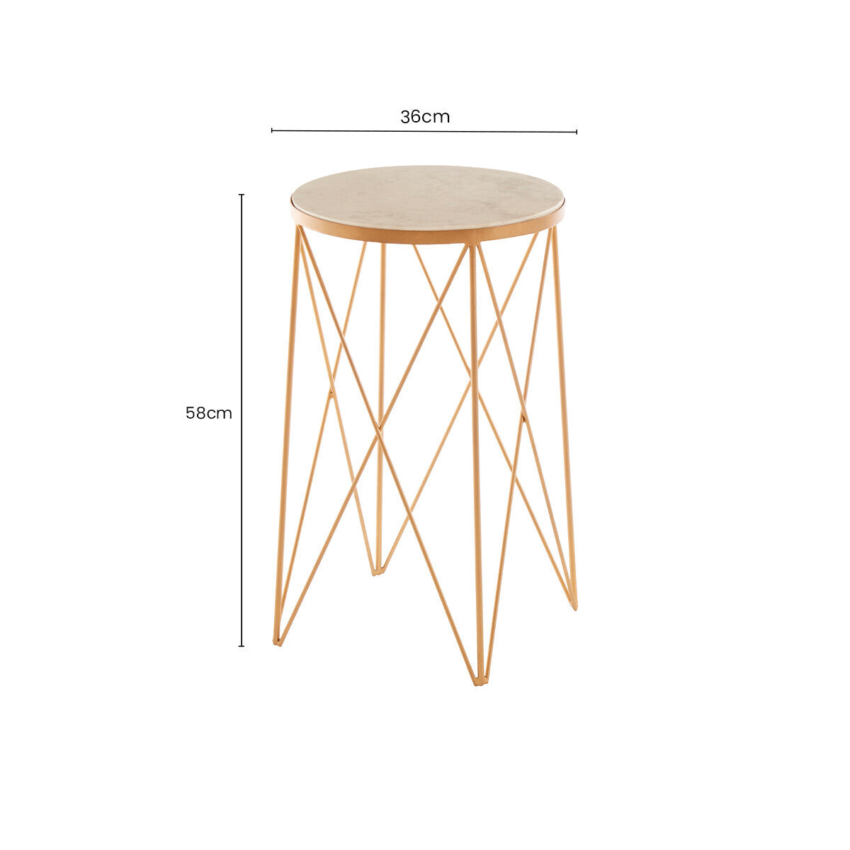 White Round Marble Top Boutique Style Side Table with Gold Latticed Legs | Shalimar