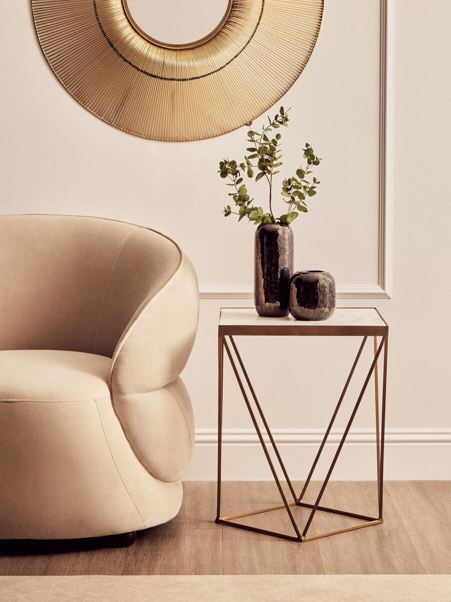 Natural Round Marble Top Side Table with Geometric Gold Metallic Base, Shalimar