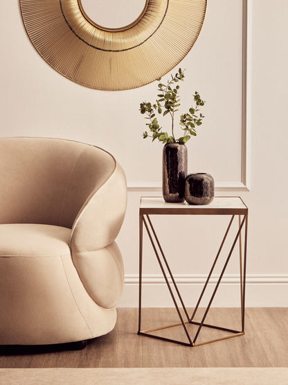 Natural Round Marble Top Side Table with Geometric Gold Metallic Base, Shalimar