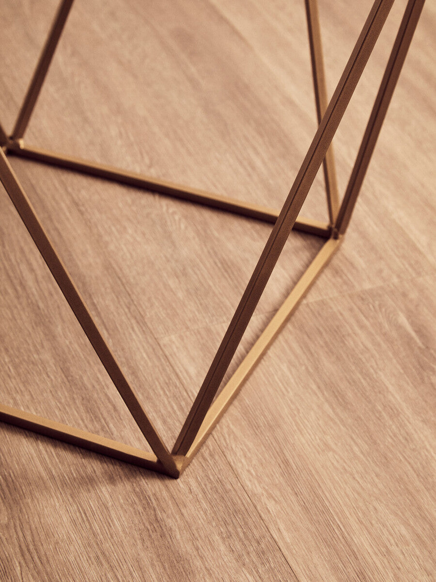 Natural Round Marble Top Side Table with Geometric Gold Metallic Base, Shalimar