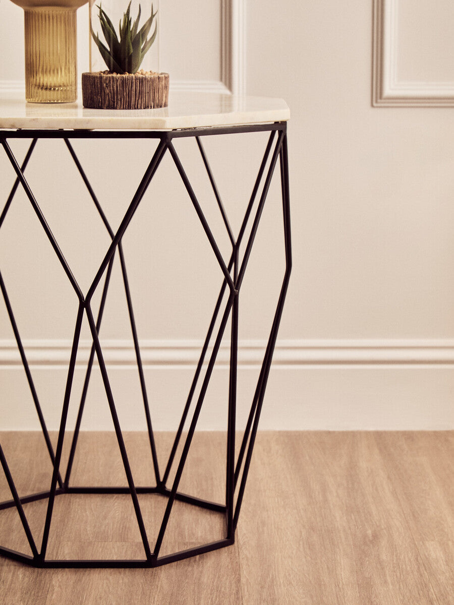 Natural White Octagon Marble Top and Matte Black Steel Legs Side Table, Shalimar