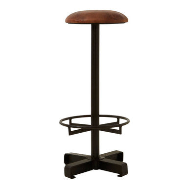 Bar stool with brown leather seat and metal frame on a white background