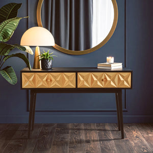 Black Mango Wood Console Table with Gold Star Design Drawer Fronts, Malta