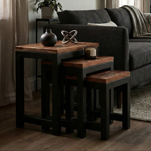 Artisan Natural Acacia Wood and Metal Set of 3 Nesting Tables
