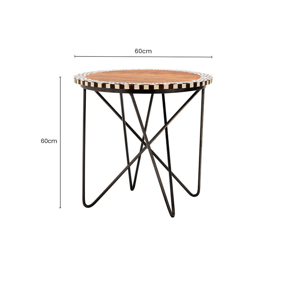 Natural Geometric Acacia Wood Round Side Table with Black Metal Legs, Artisan