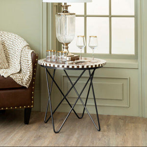 Artisan Natural Acacia Wood Round Side Table with Mosaic Edge