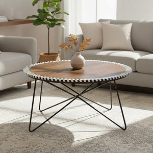 Artisan Natural Acacia Wood Round Coffee Table with Mosaic Edge