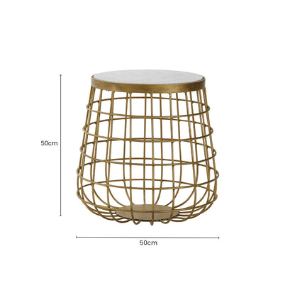 White Marble Top Side Table with Gold Brass Finish Latticed Metal Base, Nirav