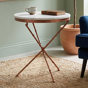 Nirav White Marble and Brass Finish Round Side Table