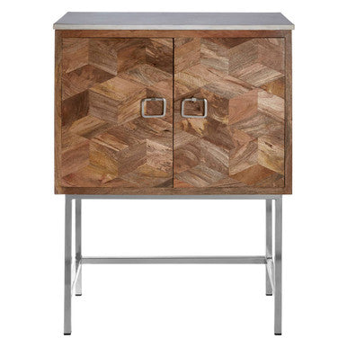 Wooden cabinet with a chevron pattern and metal legs on a white background
