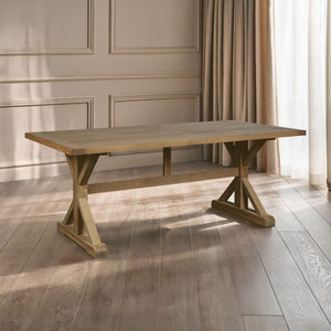 Aged Grey Oak Dining Table with Prominent Silvery Grain and Crossed Base, Lyon