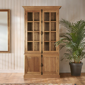 Lyon Natural Oak Wood Tall Cabinet with Glass Doors