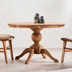 Brown Solid Natural Oak Wood Round Dining Table with Turned Pedestal Base, Lyon