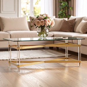 Clarence Clear Glass and Gold Finish Coffee Table with Acrylic Legs