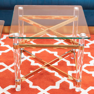 Clarence Clear Glass and Gold Finish Side Table with Acrylic Legs