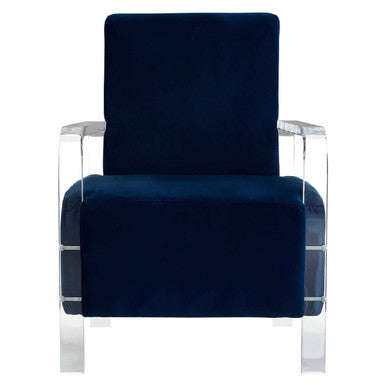 Navy blue armchair with clear acrylic legs on a white background