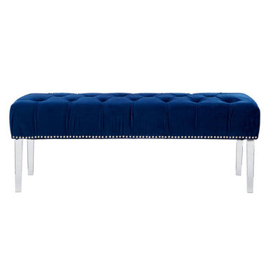 Blue tufted bench with silver legs on a white background