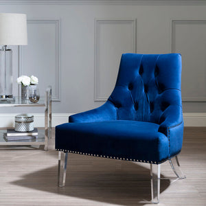 Clarence Navy Blue Velvet Button Tufted Chair with Acrylic Legs