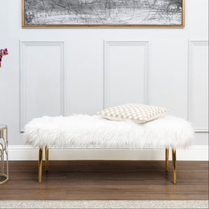 Clarence White Faux Fur Bench with Gold Finish Legs
