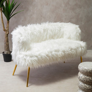 Clarence White Faux Fur 2 Seater Sofa with Gold Finish Legs