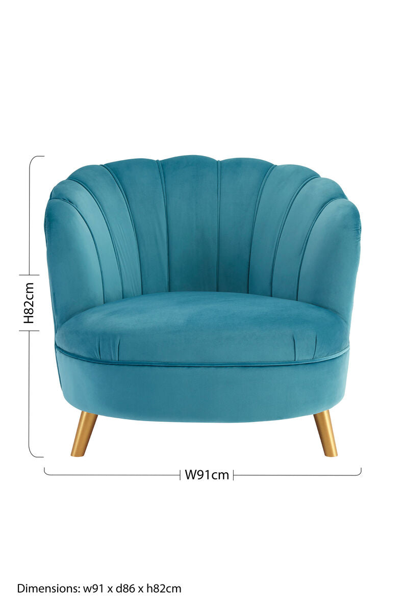 Orlina Blue Velvet Scalloped Curved Chair With Gold Wood Legs