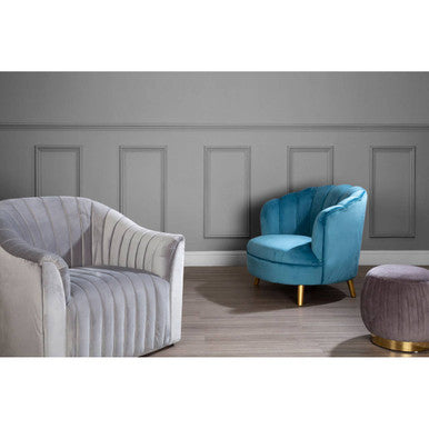 Orlina Blue Velvet Scalloped Curved Chair With Gold Wood Legs