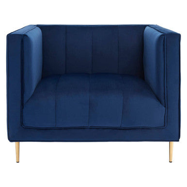 Blue armchair with gold legs on a white background
