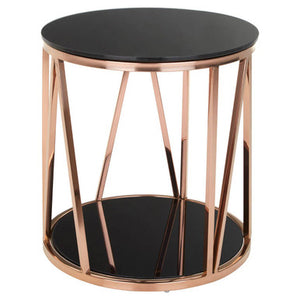 Alvaro Black Glass and Rose Gold Finish Round Side Table