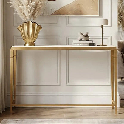 White Marble Top Console Table with Warm Gold Stainless Steel Frame, Alvaro