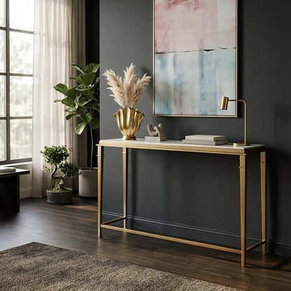 White Marble Top Console Table with Warm Gold Stainless Steel Frame, Alvaro
