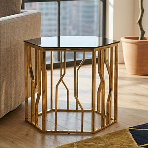 Alvaro Black Glass and Gold Finish Hexagonal Side Table