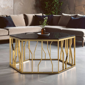 Alvaro Black Glass and Gold Finish Hexagonal Coffee Table