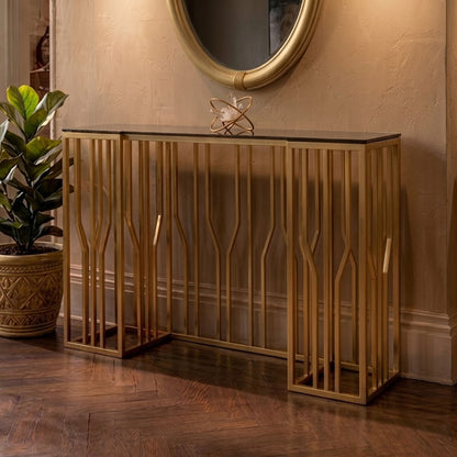 Gold Stainless Steel Frame Console Table with Black Tempered Glass Top | Alvaro
