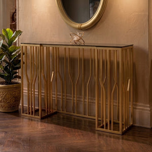 Gold Stainless Steel Frame Console Table with Black Tempered Glass Top, Alvaro