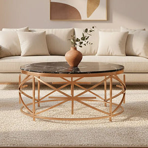 Alvaro Black Marble Round Coffee Table with Rose Gold Finish Frame