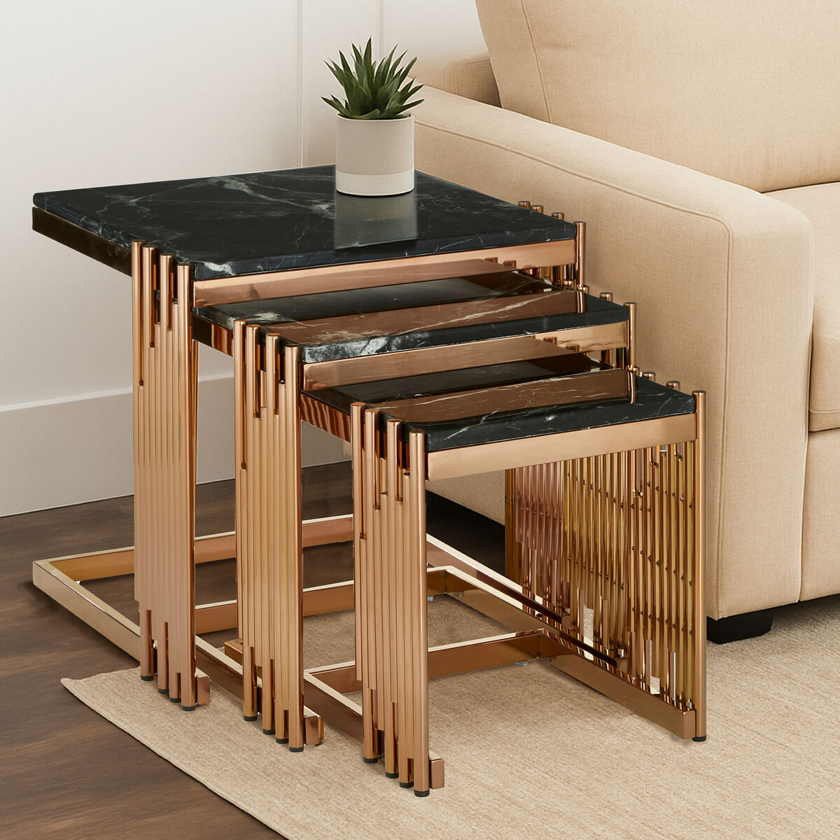 Alvaro Nest Of 3 Square Tables With Black Marble Top - Image 3