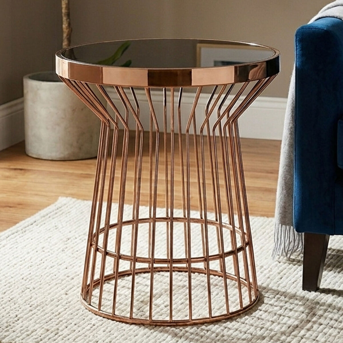 Boutique Style Copper Finish Round Side Table Black Glass Top | Alvaro