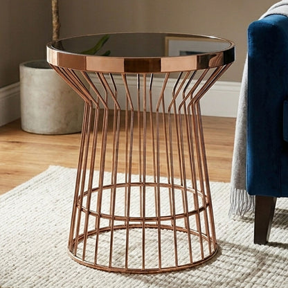 Boutique Style Copper Finish Round Side Table Black Glass Top | Alvaro