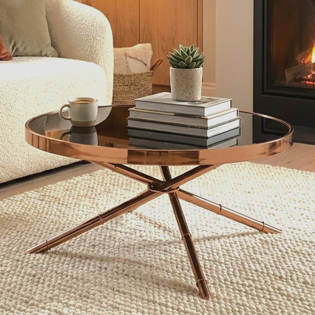Alvaro Round Coffee Table With Rose Gold Legs And Black Glass Top