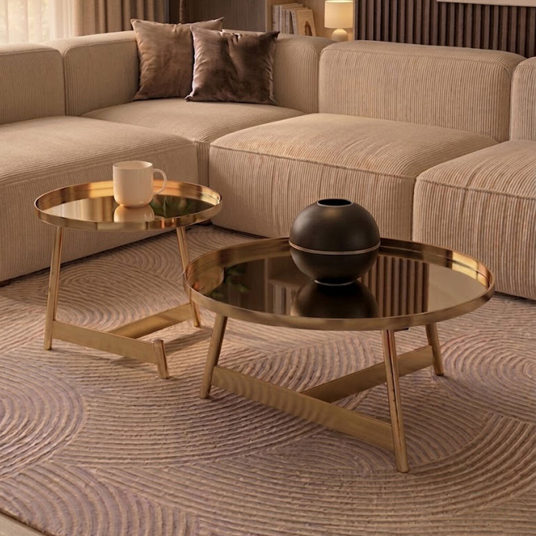 Rose Gold Set of 2 Round Coffee Tables with Angular Asymmetric Frames | Alvaro