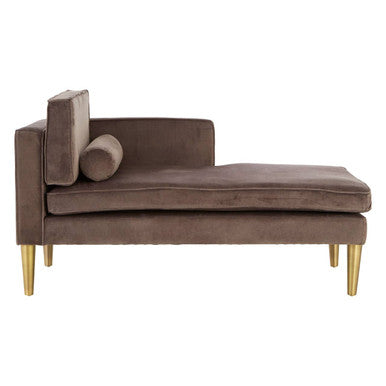 Brown velvet chaise lounge with gold legs on a white background