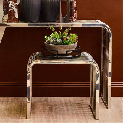 Silver Slatted End Table with Tempered Clear Glass | Vogue