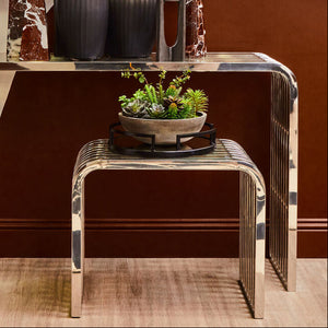 Silver Polished Stainless Steel Slatted End Table with Curved Shoulders and Clear Tempered Glass Top, Vogue