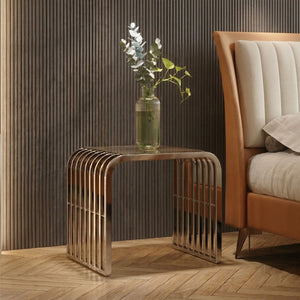 Silver Slatted End Table with Tempered Clear Glass, Vogue